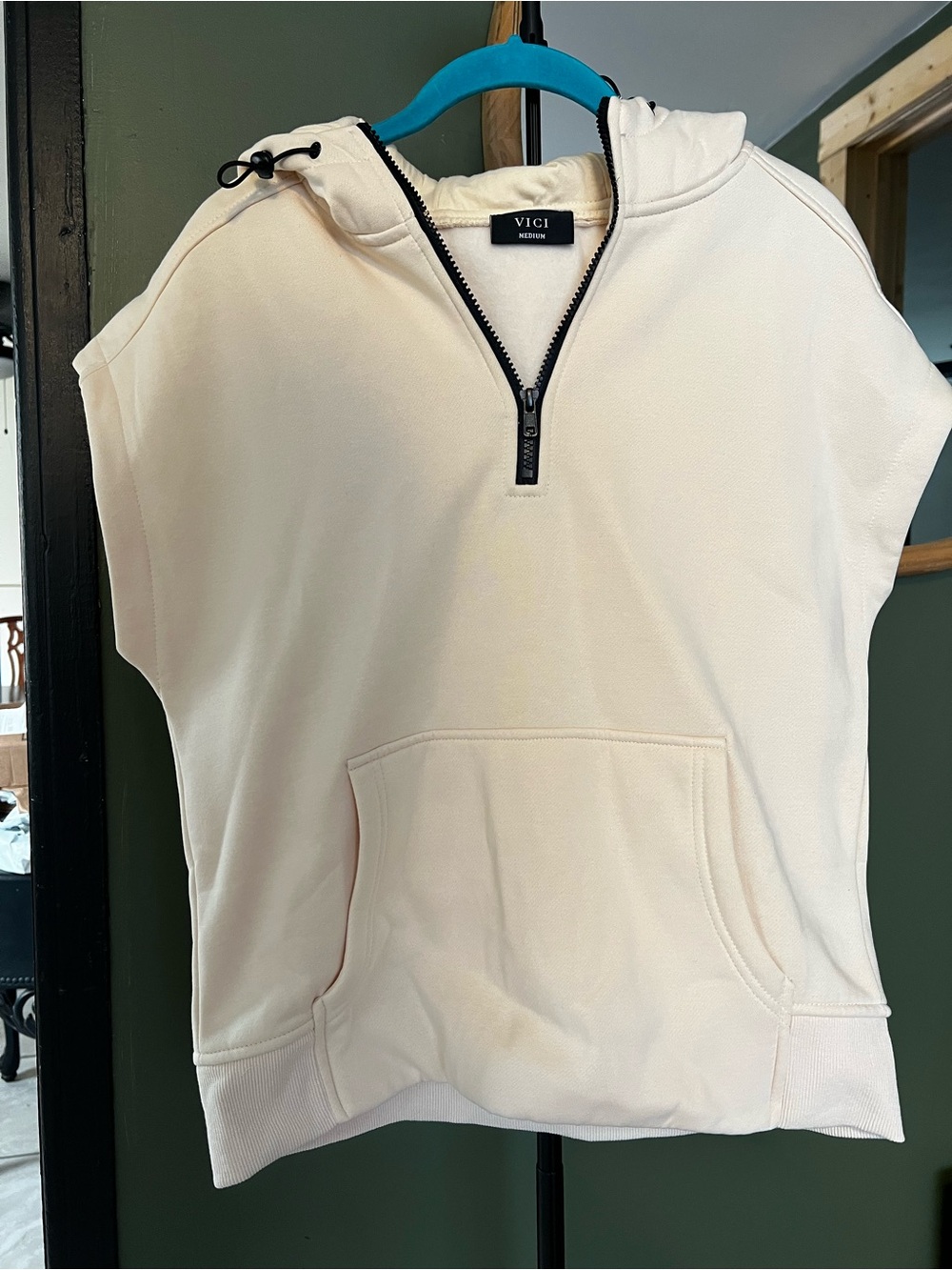 Vici Cream Half-Zip Short Sleeve Hoodie with Black Zipper